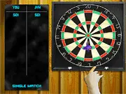 Screenshot of Darts DeLuxe online game showing the player aiming a dart at the board in a pub setting, challenging Jackie Van Horn.