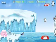 Penguins being moved across water to safety in the free online game Penguins Castle, avoiding a large, dangerous shark (squale).