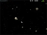 Spaceship shooting and destroying asteroids in the free online game Space Asteroids, with power-up bonuses visible.