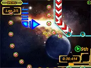 Spaceship racing at high speed on a futuristic circuit in the free online game Star-Race, avoiding malus and collecting bonuses.