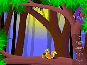 Two twin squirrels sneaking quietly to collect nuts in the free online stealth game Twin Squirrel, while a large snake sleeps nearby.