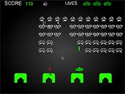 Screenshot of OMG INVADERS! online space shooter game with a player's cannon firing at descending rows of colorful 2D alien enemies