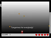 Santa Claus in the Tangerine Panic XMAS game, surrounded by an overwhelming number of falling orange tangerines on a snowy, Christmas-themed background