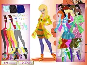Rainy Day Dressup free online game screenshot, character in a colorful rain coat and holding an umbrella, wet weather fashion game