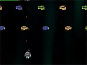 Rush Hour Plus game screen showing a futuristic spaceship firing lasers at enemy vehicles in a dark, star-filled outer space background, Play Free Online Game