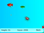 To the Surface arcade game screenshot showing Kamiel the character bouncing off small green and larger blue fish in the ocean depths, aiming for the top