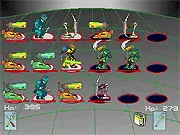 A digital battle arena grid with various strategic playing cards placed on the board in the free online game Shock Arena