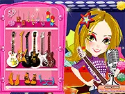 The finished outfit and stage background from the Rock 'N Roll Dressup online fashion game, showing the styled girl.