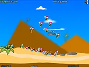 Bees under Attack game screen showing a large bee being launched from a slingshot towards a tower structure containing enemy bees, Play Free Online Game