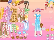 Screenshot of the Cute Girl Pajamas Dress Up game showing a young girl wearing a cozy, pink patterned pajama set with matching slippers.