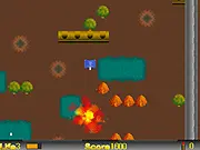 Super Metal Armor free online game screenshot, showing the player's mech suit fighting tanks and helicopters on an enemy battlefield.