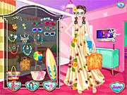 Screenshot of Hippy Beach Dress Up online game showing a girl in a flowing dress and accessories on a sunny beach.