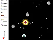 Screenshot of Space Maniac online game showing a player's spaceship firing lasers at enemy alien fighters in a starfield.