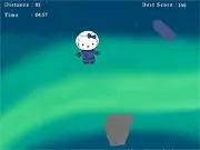 Hello Kitty wearing an astronaut helmet, flying between floating crystals on an alien planet in the free online flappy game.