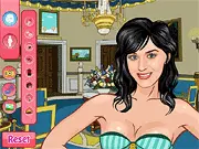 Katy Perry Dress Up free online game screen showing the celebrity singer with various options for changing her hairstyle, makeup, and colorful outfit