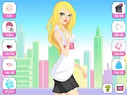 Shopping Girl Dress Up free online game screen showing a girl with shopping bags and various options for changing her outfit, including dresses and jeans