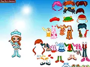 Screenshot of Melissa Dressup game showing a jolly girl surrounded by a selection of bright, colorful dresses, shirts, and fun accessories for styling; play free online