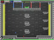 Glitched free online puzzle game screen showing a red square character and a blue square character navigating color-coded obstacles to reach a portal
