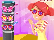 A game screenshot from Glazier Club showing the interface for designing sunglasses, with options for picking different frame shapes, colors, and decorations on the side.