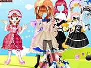 Screenshot of Michelle Dressup game showing a bubbly girl ready to be dressed up with various cute floral outfits, dresses, and accessories in a sweet style.