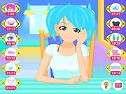 Girl on the Table free online dress up game screen showing a girl sitting at a table with various clothing and accessory options