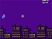 Screenshot from the Soul Cat game showing the ghostly feline protagonist flying in one of three lanes, collecting a yellow Soul Fish and narrowly avoiding a cartoon Deadly Dog.