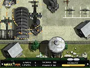 F-16 Attack game screenshot showing an F-16 fighter jet flying over enemy territory, shooting missiles at tanks and enemy planes in a horizontal scrolling view