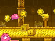 Screenshot of The Golden Cookie game, showing a cartoon pig near a large golden cookie, surrounded by wooden blocks and a lever on a colorful puzzle level.