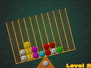Screenshot of the BallBalance game showing a tray balanced on a pivot point with several colorful balls scattered across its surface and three balls about to vanish.
