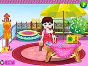 Baby and Friend Rainy Day game screen showing two children playing with ducks, lotos flowers, and a toy sailboat in a rain puddle