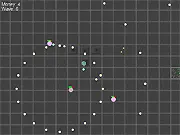 Turret Defense Hell free online game screenshot, player character dodging bullets while automated turrets fire at enemies on PlayArcadeHub.