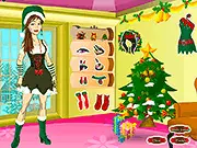Little Elf Emmy Dressup free online game, cute elf girl in a red and green dress, playing a Christmas dress-up game