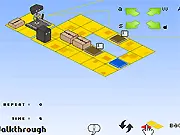 Robo-Manager free online game screenshot showing a robot pushing a box onto a colored teleporter pad