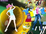 Tennis Girl Fashion free online dressup game screenshot showing a girl model in a sporty tennis outfit with a racket
