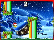 Flappy Christmas Star free online game screenshot, a yellow star flying between green pipes against a winter sky background