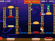 Burger Rush Flash game screen showing the chef Stan running over giant burger ingredients on platforms, classic arcade online game