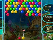Screenshot of Deep Sea Bubble Shooter online game showing colorful balloons clustered on the blue seabed
