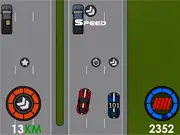 Screenshot of the Freeway Challenge game showing a car speeding down a busy highway, weaving closely past other vehicles.