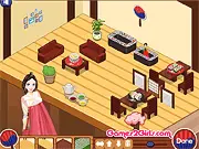 Free online game Korean Restaurant Design showing a player decorating a dining area with traditional Korean-style furniture and modern lighting