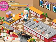 Free online management game screenshot of a player cooking food at the counter of Granny's BBQ Shop