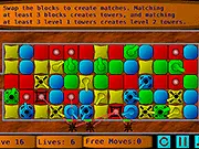 Screenshot of Match Puzzle Defense game showing a match-3 puzzle grid below a tower defense battlefield with enemies approaching