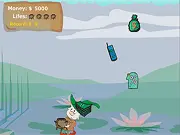Gameplay screenshot of the online arcade game The Pot of Gold, showing a gnome using a pot to catch gold coins and gems falling from the sky.