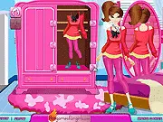 A girl model looking at her reflection in the mirror after being dressed up in a fashionable outfit in the free online game Fashion in Mirror Dressup.