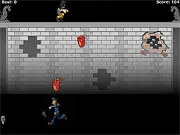 A screenshot from The Nightraider showing a police officer at the bottom of the screen with a large city building in the background, trying to catch and disarm several black, cartoon-style bombs falling from above.