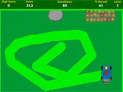 A top-down view of the game Lawnmower Action, showing a small, blocky lawnmower driven by a man, cutting a path through green, uncut grass on a grid.