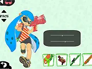 A highly stylized, colorful character from the Splatoon universe (Inkling or Octoling) wearing trendy gear, standing in a digital shop setting, ready to be customized