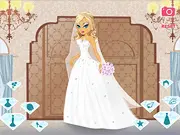 Screenshot of Glamor Bride dress-up game, showing a female character wearing a sparkling white wedding dress and a diamond tiara, ready for the aisle.