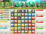 Free online puzzle defense game The Zombie Marching showing a match-3 board with a character defending against cartoon zombies.