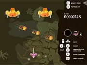Screenshot of The Last Canopy game showing a creature holding a baby bird while absorbing energy from human projectiles.