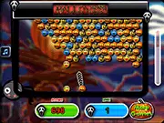 A Halloween-themed bubble shooter game screen with orange, purple, and green bubbles, a cannon aiming a new bubble, and a high score counter.